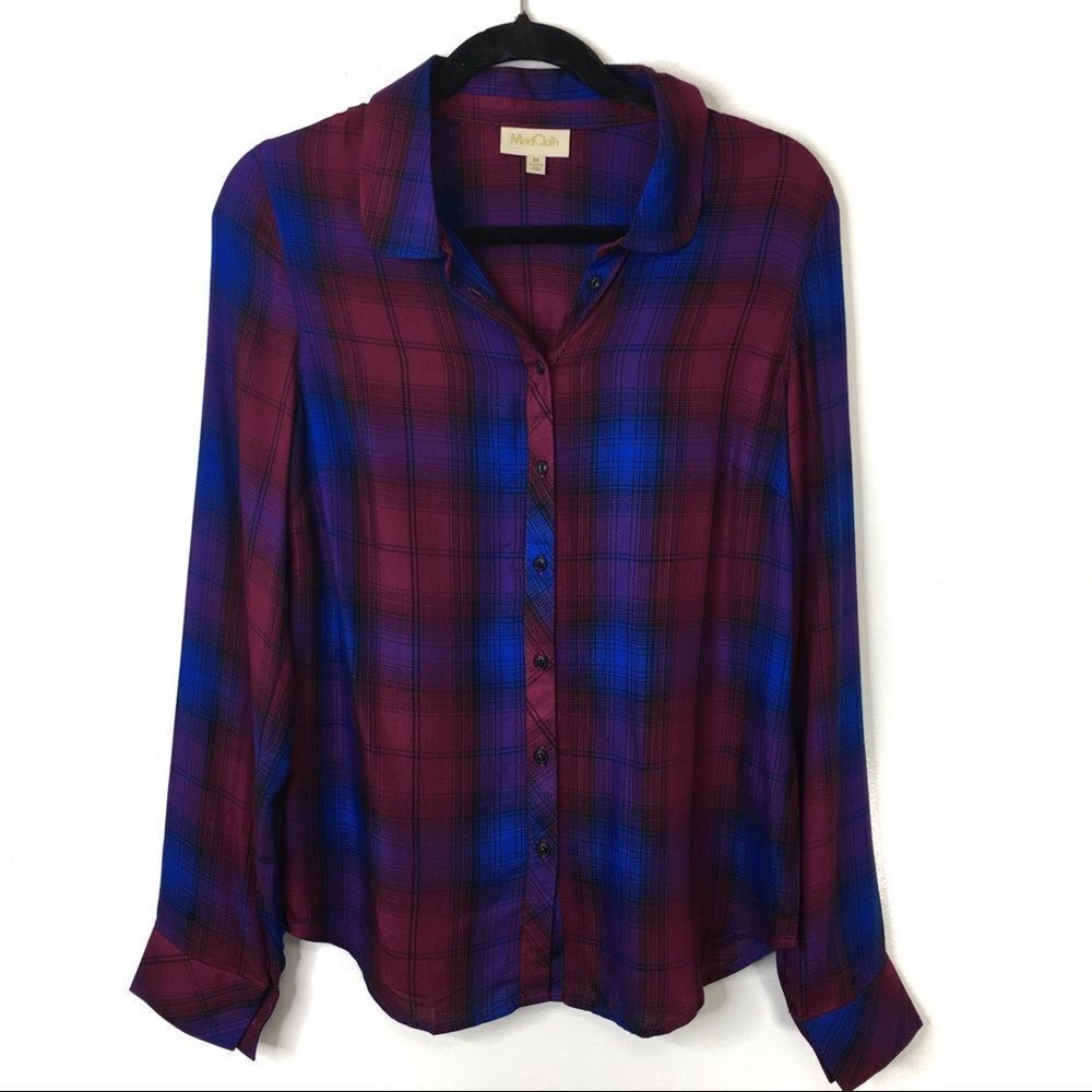 ModCloth Sz M Blue Plaid Top Round Collar‎ NWOT